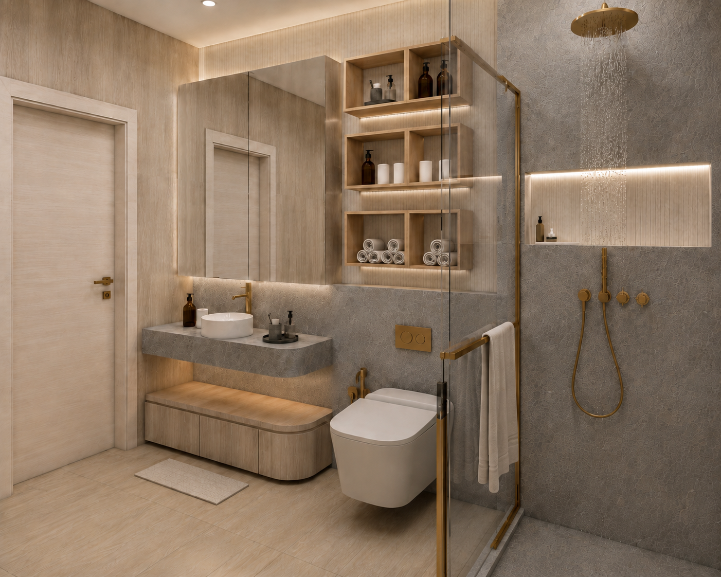 Interiér přízemí s detailem přírodních materiálů a designového osvětlení